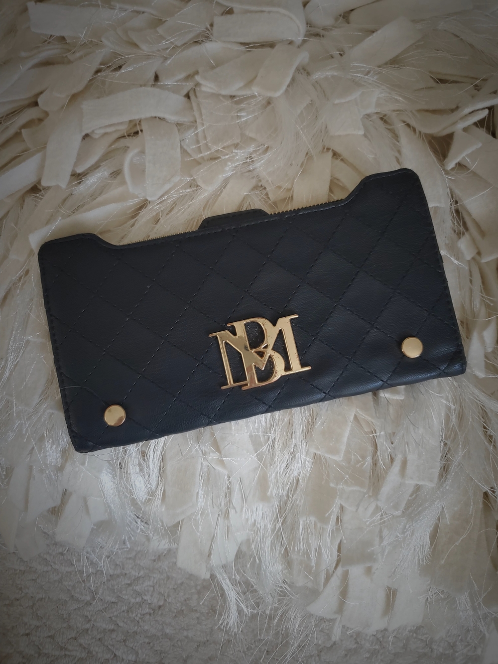 Badgley Mischka Black Quilted Wallet Clutch with Gold Logo